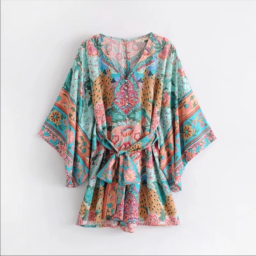 Foxy 5🌟Fave! Lotus Peacock Turquoise Rayon Romper - Picture 3 of 5